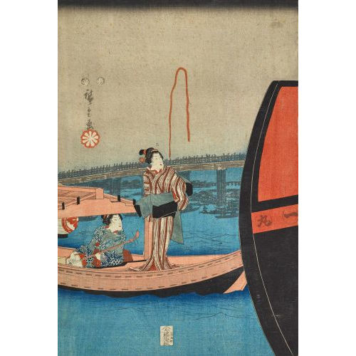 HIROSHIGE UTAGAWA : Triptychon mit Feuerwerk bei der Rygoku-Brcke in der stlichen Hauptstadt (Dobiaschofsky Auktionen AG)
