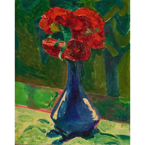 CUNO AMIET : 'Rote Blumen in blauer Vase' (Dobiaschofsky Auktionen AG)