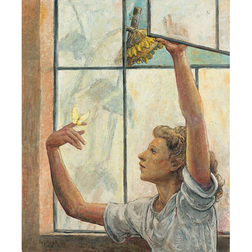 KARL SCHENK : Junge Frau mit Schmetterling am Fenster (DOBIASCHOFSKY AUKTIONEN AG)