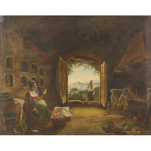 LEOPOLD ROBERT : S�ditalienische K�chenpartie mit spinnender Frau (DOBIASCHOFSKY AUKTIONEN AG)