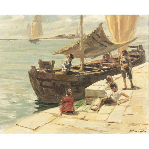COSIMO PRIVATO : Kinder an einem Pier mit Segelschiff (DOBIASCHOFSKY AUKTIONEN AG)