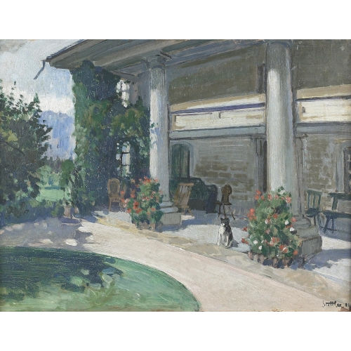 MARTHA STETTLER : Hund auf einer Veranda (DOBIASCHOFSKY AUKTIONEN AG)