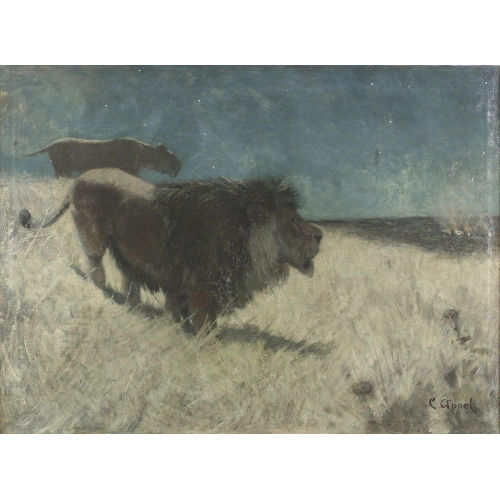 KARL APPEL : Abendliche Steppenlandschaft mit L�wen (DOBIASCHOFSKY AUKTIONEN AG)