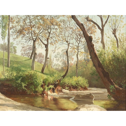 JEAN PHILIPPE GEORGE-JULLIARD : Herbstliche Flusspartie mit bewaldetem Ufer (DOBIASCHOFSKY AUKTIONEN AG)