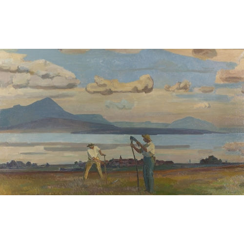 JACQUES ELIE ABRAHAM HERMANJAT : Sommerliche Seeuferpartie mit Feldarbeitern (DOBIASCHOFSKY AUKTIONEN AG)