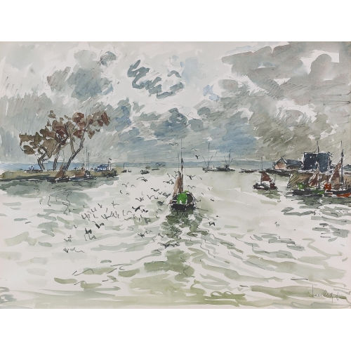 FERNAND HERBO : Sommerliche Kanalpartie mit Fischerbooten (DOBIASCHOFSKY AUKTIONEN AG)