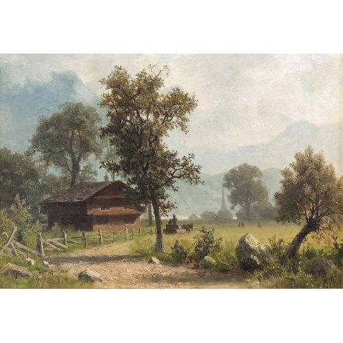 ALBERT BIERSTADT : Sommerliche Landschaft mit Bauernhaus (DOBIASCHOFSKY AUKTIONEN AG)