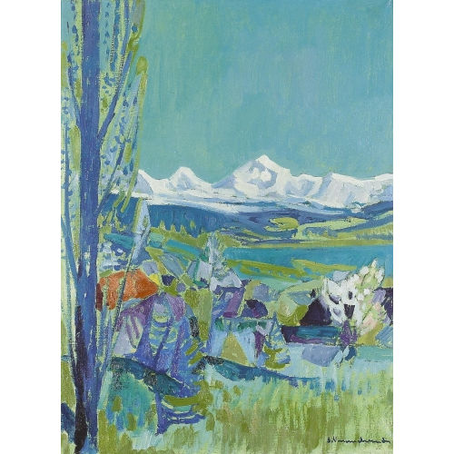ALBERT NEUENSCHWANDER : Sommerliche Landschaft mit Alpenkette (DOBIASCHOFSKY AUKTIONEN AG)