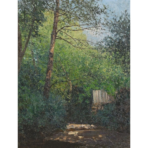 ALFRED ZOFF : Sonnige Waldpartie mit Lichtung und Zaun (DOBIASCHOFSKY AUKTIONEN AG)