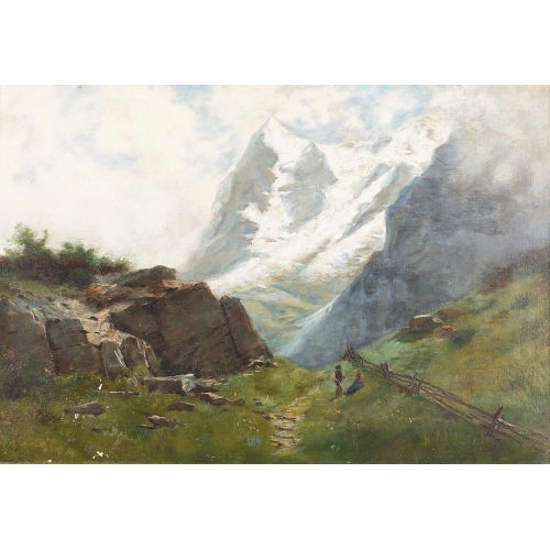 GUSTAVE EUGENE CASTAN : Sommerliche Gebirgslandschaft im Wallis mit zwei Wanderern (DOBIASCHOFSKY AUKTIONEN AG)