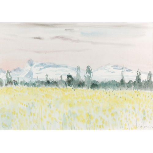 LEONHARD MEISSER : Sommerlandschaft mit Bergen im Hintergrund (DOBIASCHOFSKY AUKTIONEN AG)