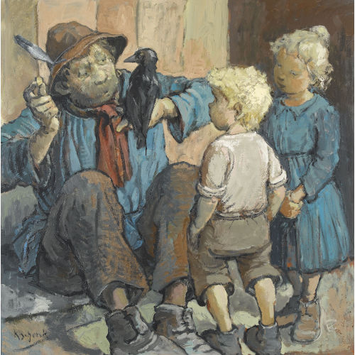 KARL SCHENK : Zwei Kinder mit altem Mann und Rabe (DOBIASCHOFSKY AUKTIONEN AG)