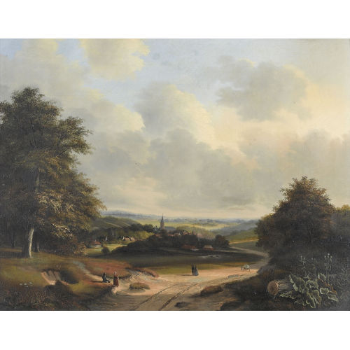 CORNELIS MARINUS WILLEM MONGERS : Sommerliche Landschaft mit Dorf und Figurenstaffage (DOBIASCHOFSKY AUKTIONEN AG)
