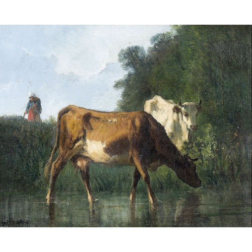 CONSTANT TROYON : B�uerin mit K�hen auf einer Wiese (DOBIASCHOFSKY AUKTIONEN AG)