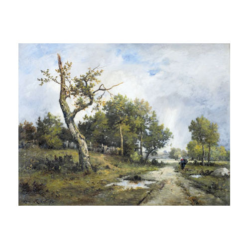 LEON RICHET : Landschaft mit Reisigsammlerin bei Fontainebleau (DOBIASCHOFSKY AUKTIONEN AG)