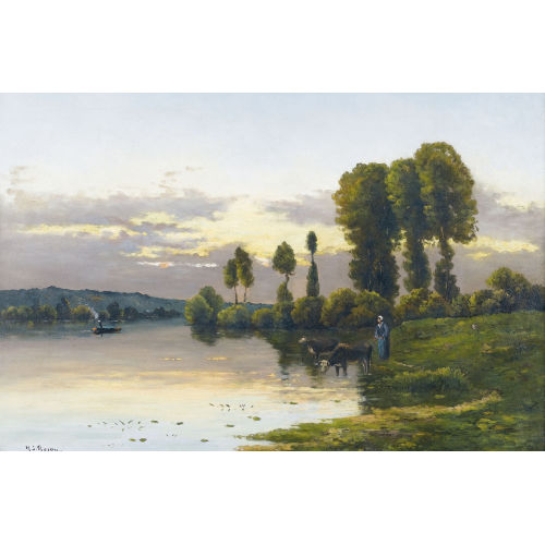 JACQUES HENRY DELPY : Abendliche Flussuferpartie mit B�uerin (DOBIASCHOFSKY AUKTIONEN AG)