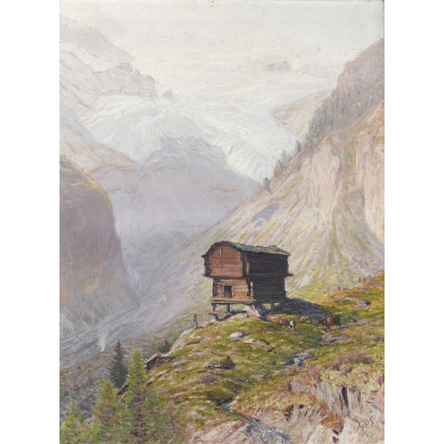 ALBERT GOS : Walliser Alpenlandschaft mit kleiner Viehherde (DOBIASCHOFSKY AUKTIONEN AG)