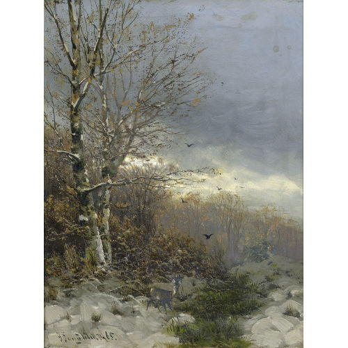 JOHANN JUNGBLUT : Reh in einer Winterlandschaft mit Birken (DOBIASCHOFSKY AUKTIONEN AG)