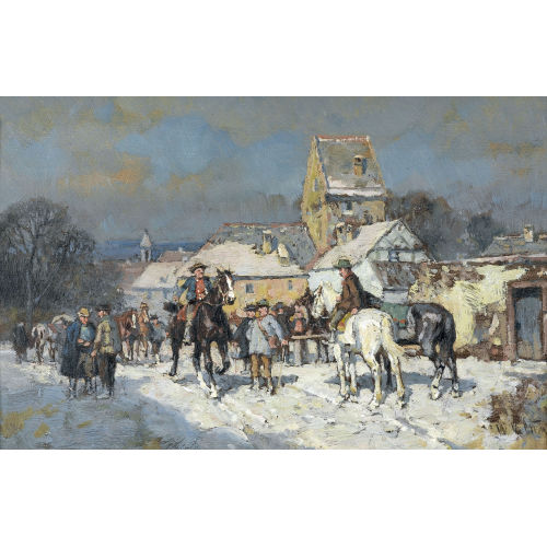 WILHELM VELTEN : Bauern mit Pferden vor winterlich verschneitem Dorf (DOBIASCHOFSKY AUKTIONEN AG)