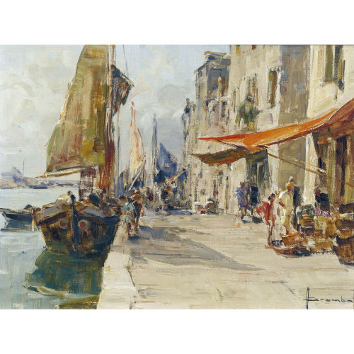 ANGELO BROMBO : Sonnige Fundamenta mit Staffage in Venedig (DOBIASCHOFSKY AUKTIONEN AG)