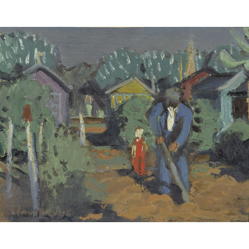 FRED STAUFFER : Vater und Sohn bei der Gartenarbeit (DOBIASCHOFSKY AUKTIONEN AG)