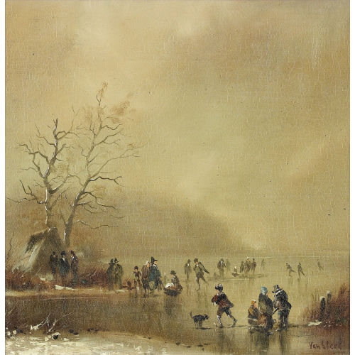 HUBERT VAN STEEL : Winterliche Szene mit Schlittschuhl�ufern (DOBIASCHOFSKY AUKTIONEN AG)