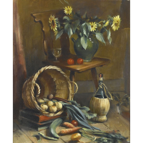 ALFRED ANKLIN : Stillleben mit Gem�sekorb, Sonnenblumen und Chiantiflasche (DOBIASCHOFSKY AUKTIONEN AG)