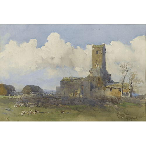 ONORATO CARLANDI : Geh�ft mit Turm in r�mischer Landschaft (DOBIASCHOFSKY AUKTIONEN AG)