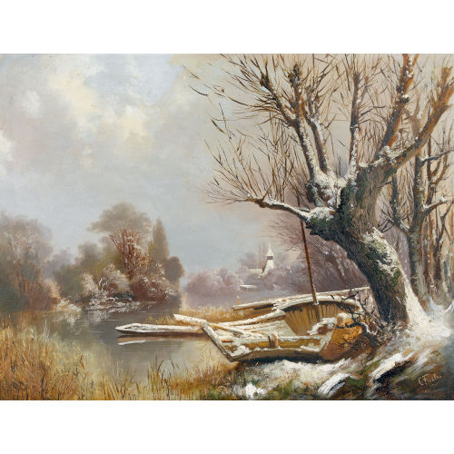 KARL FUCHS : Winterlandschaft mit Booten bei der Kirche Scherzligen (DOBIASCHOFSKY AUKTIONEN AG)