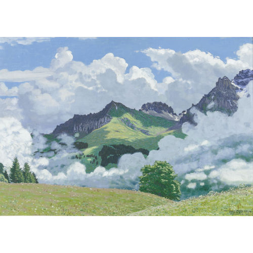 WALDEMAR FINK : Aufsteigender Nebel in sommerlicher Adelbodner Landschaft (DOBIASCHOFSKY AUKTIONEN AG)