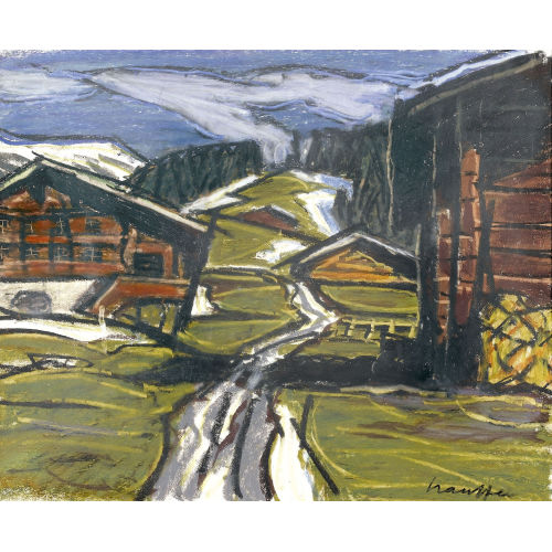 FRED STAUFFER : Berglandschaft mit Chalets in strahlender Fr�hlingssonne (DOBIASCHOFSKY AUKTIONEN AG)