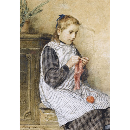 ALBERT ANKER : Strickendes M�dchen am Ofen (DOBIASCHOFSKY AUKTIONEN AG)