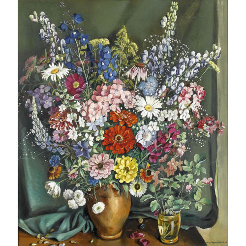 HANS RUDOLF SCHWARZENBACH : �ppiges Blumenstillleben vor gr�nem Vorhang (DOBIASCHOFSKY AUKTIONEN AG)