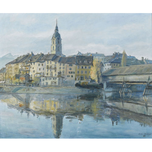 HANS MUNZINGER : Ansicht der Altstadt von Olten mit Holzbr�cke (DOBIASCHOFSKY AUKTIONEN AG)