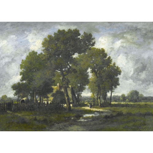 LEON RICHET : Bauernhaus mit B�umen in ebener Landschaft (DOBIASCHOFSKY AUKTIONEN AG)