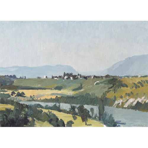 PAUL ALBERT MATHEY : Flusspartie mit kleinem Dorf vor Bergkette (DOBIASCHOFSKY AUKTIONEN AG)