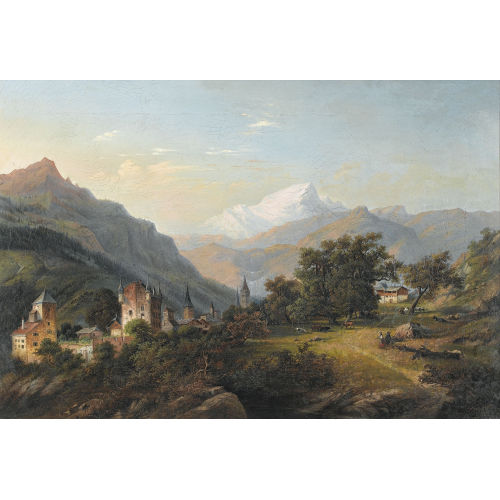 LEONHARD BANTLI : Gebirgspartie mit Ortschaft und Burg (DOBIASCHOFSKY AUKTIONEN AG)