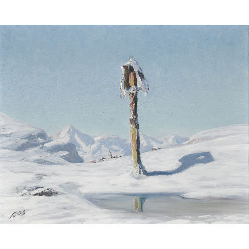 ALBERT GOS : Verschneite Berglandschaft mit Wegkreuz (DOBIASCHOFSKY AUKTIONEN AG)