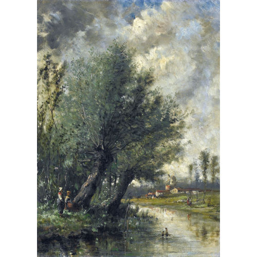 JEAN BAPTISTE CAMILLE COROT : Bachpartie mit Windm�hle und Figurenstaffage (DOBIASCHOFSKY AUKTIONEN AG)