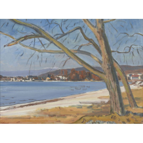 CHARLES LOUIS AUGUSTE CHINET : Herbstliche Uferlandschaft bei Rolle (DOBIASCHOFSKY AUKTIONEN AG)