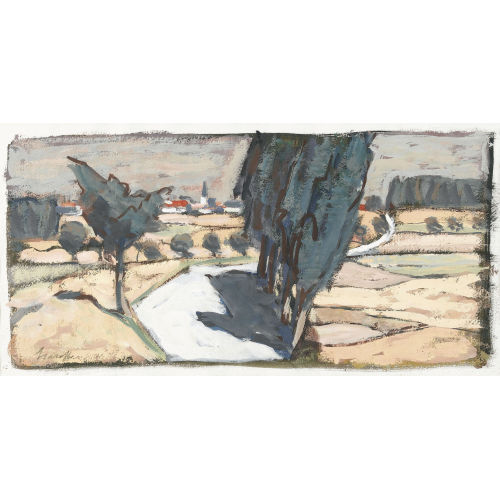 FRED STAUFFER : Weite Landschaft mit Dorf im Hintergrund (DOBIASCHOFSKY AUKTIONEN AG)