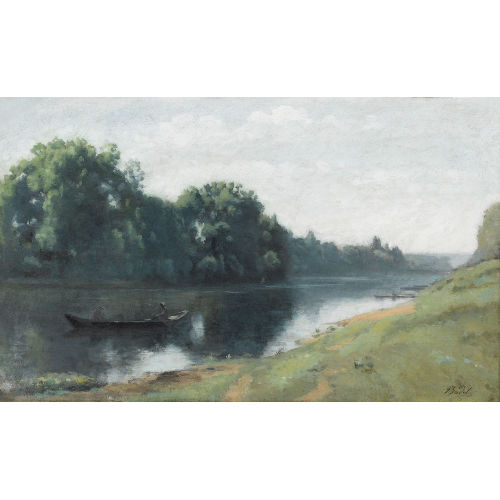 JULES-LOUIS BADEL : Flussuferpartie mit Ruderboot (DOBIASCHOFSKY AUKTIONEN AG)