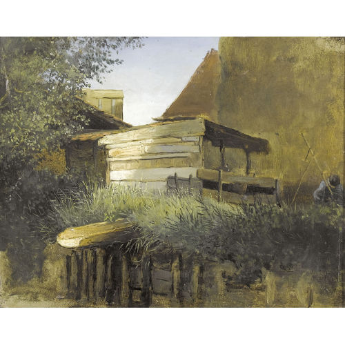 ALEXANDRE CALAME : Gartenzaun mit Holzh�tte unter sommerlichem Himmel (DOBIASCHOFSKY AUKTIONEN AG)