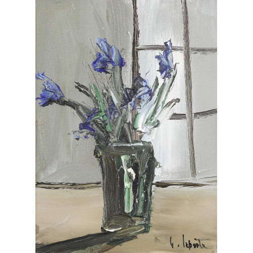 GEORGES LAPORTE : Stillleben mit Kornblumen im Glas vor einem Fenster (DOBIASCHOFSKY AUKTIONEN AG)