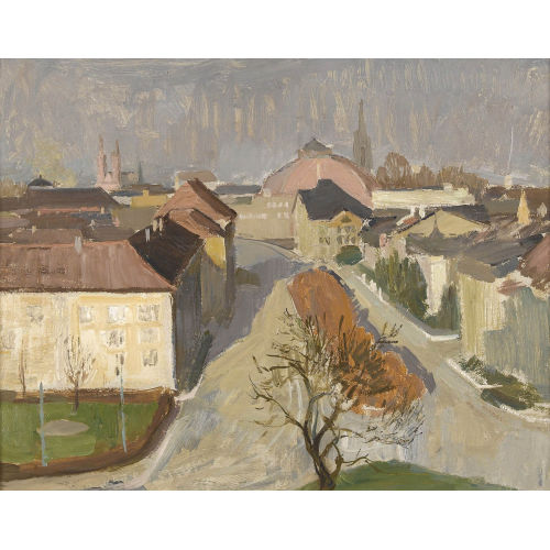 FRITZ RYSER : Stadtpartie mit der Markthalle von Basel (DOBIASCHOFSKY AUKTIONEN AG)