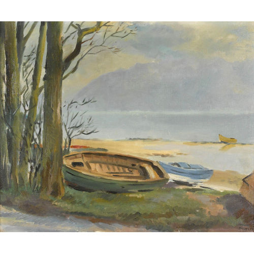 ERNEST PIZZOTTI : Boote am Ufer eines Sees (DOBIASCHOFSKY AUKTIONEN AG)