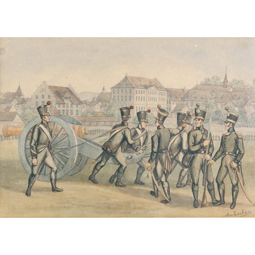 ALBERT VON ESCHER : Soldaten mit Kanone vor einer Stadt (DOBIASCHOFSKY AUKTIONEN AG)