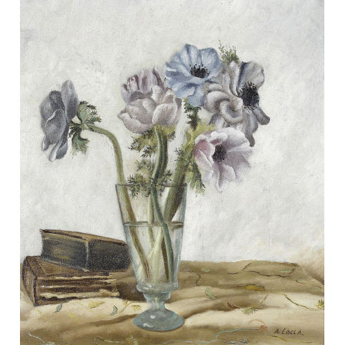 ALBERT LOCCA : Stillleben mit Anemonen in Glasvase und alten B�chern (DOBIASCHOFSKY AUKTIONEN AG)