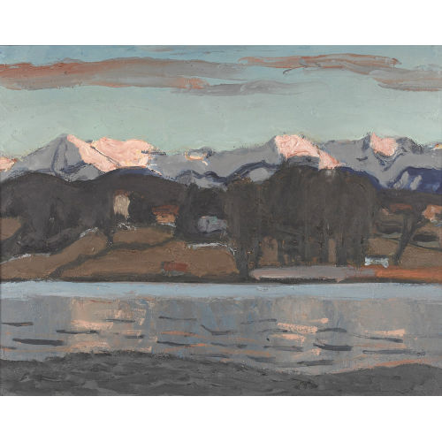 FRED STAUFFER : Seelandschaft mit verschneiter Alpenkette (DOBIASCHOFSKY AUKTIONEN AG)