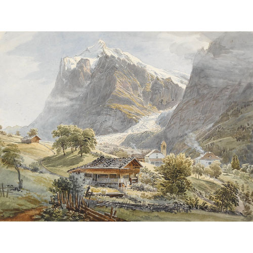 FREDERIC MARTENS : Blick auf das Wetterhorn mit der Kirche von Grindelwald (DOBIASCHOFSKY AUKTIONEN AG)